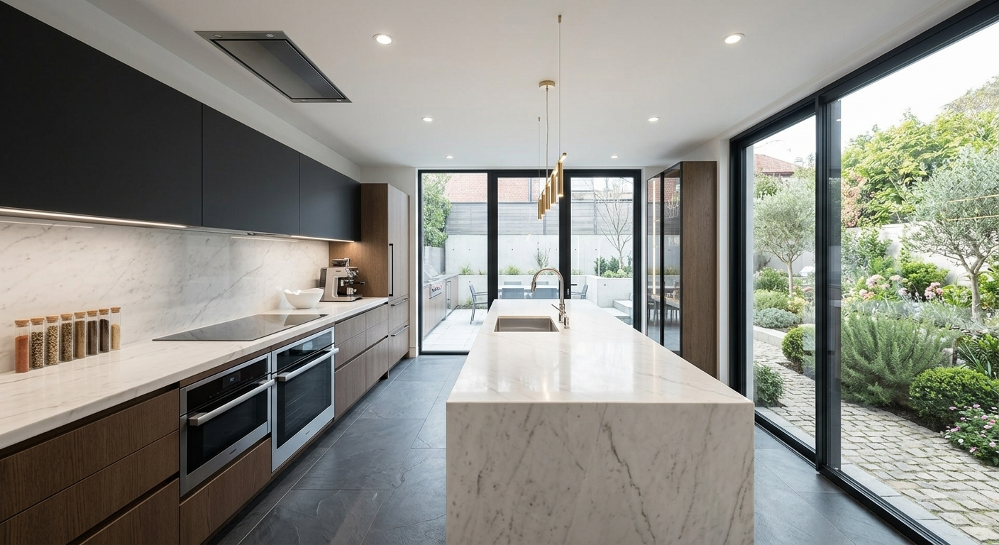 Cozinha com ilha e bancada com vista para jardim