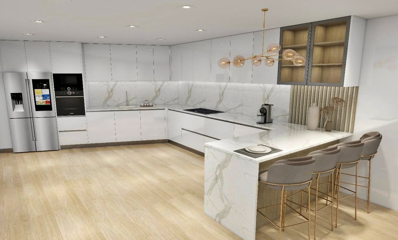 Cozinha cinza claro lacada com placa de indução integrada