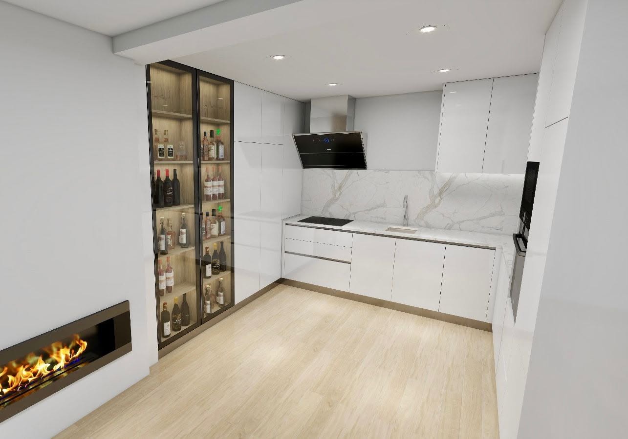 Cozinha em tom bege premium com exaustor preto suspenso